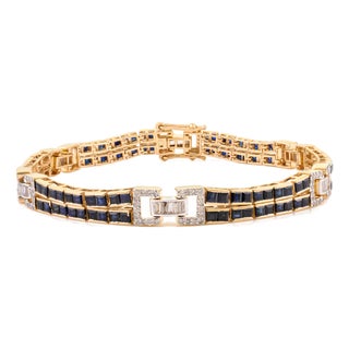 Late 20th 6.14ct Blue Sapphire & Diamond Contemporary Link Bracelet in 14k Gold For Sale