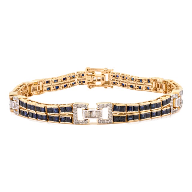 Late 20th 6.14ct Blue Sapphire & Diamond Contemporary Link Bracelet in 14k Gold For Sale