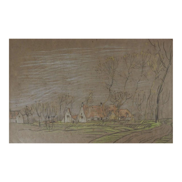 Vintage 1925 Pastoral Farm Orchard Drawing For Sale