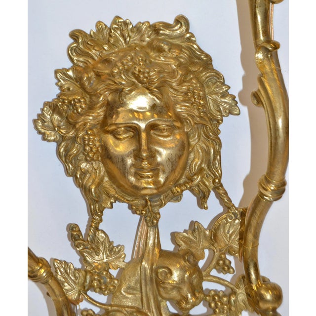 Bronze Italian Bronze 2 Arm Sconce Bacchus Face Grapes Panther Flame Torch Gilt Shades For Sale - Image 8 of 13