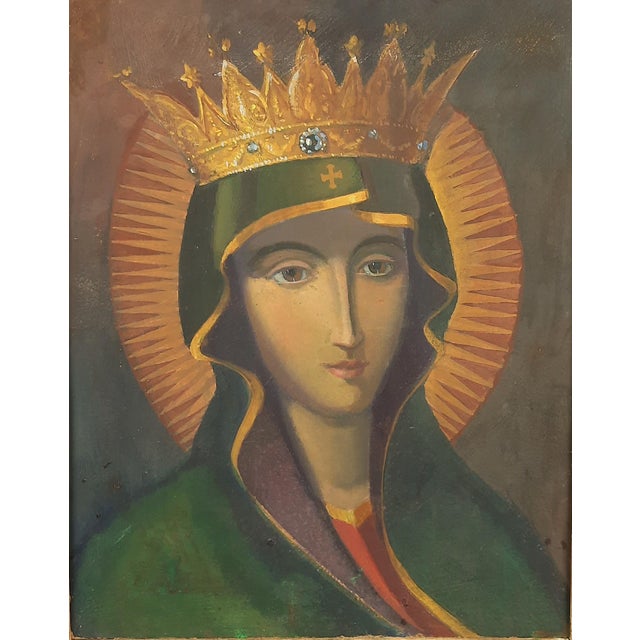 Beautiful vintage sacred icon painting, depicting a graceful Madonna, painted with tempera on masonite technique, coeval...