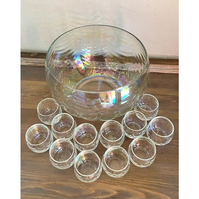 Vintage-Mid Century Draping Iridescent Glass 14 Piece Punch Bowl Set-Includes Glass Ladle Not Pictured For Sale - Image 9 of 9