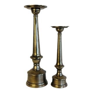 Late 20th Century Brushed Brass Tall Candle Stands, a Pair For Sale