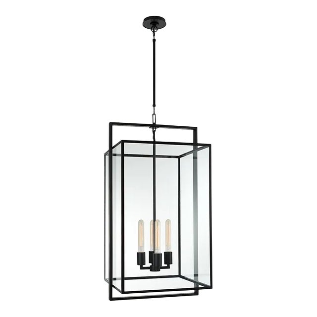 Ian K. Fowler for Visual Comfort Signature Halle Medium Lantern in Aged Iron with Clear Glass For Sale