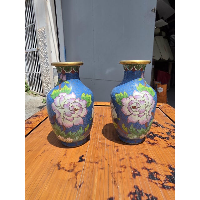 Paint Chinese Cloisonné Enamel Vases, 1950, Set of 2 For Sale - Image 7 of 10