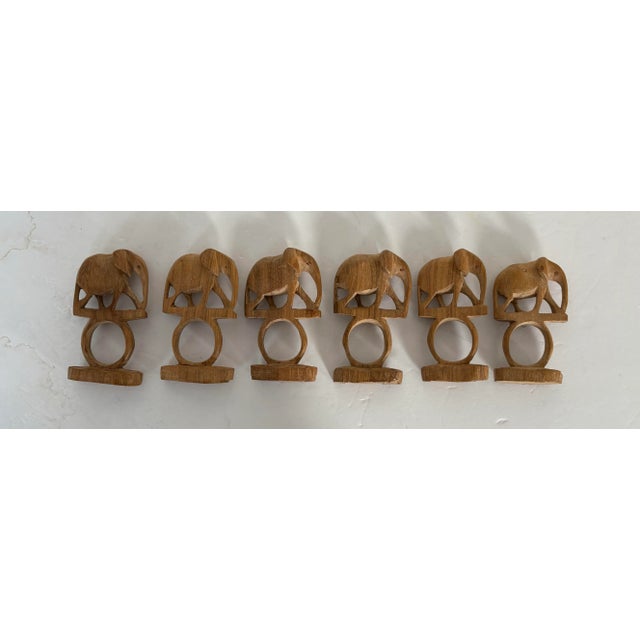 Tan Late 20th Century Hand Carved Wood Elephant Safari Napkin Rings—Boho Kitchen Made in Africa- Set of Six For Sale - Image 8 of 9