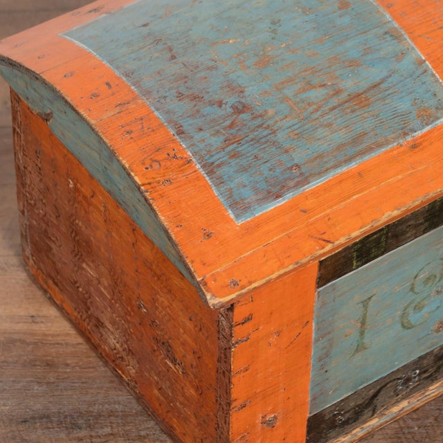 Original Blue and Orange Painted Swedish Small Dome Top Trunk Dated 1846 For Sale - Image 6 of 11