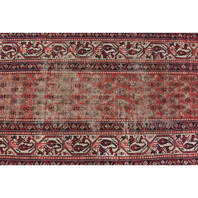 Distressed Antique Persian Malayer Runner With Field of Paisleys Design in Red 3'2"x15'2" For Sale - Image 9 of 12