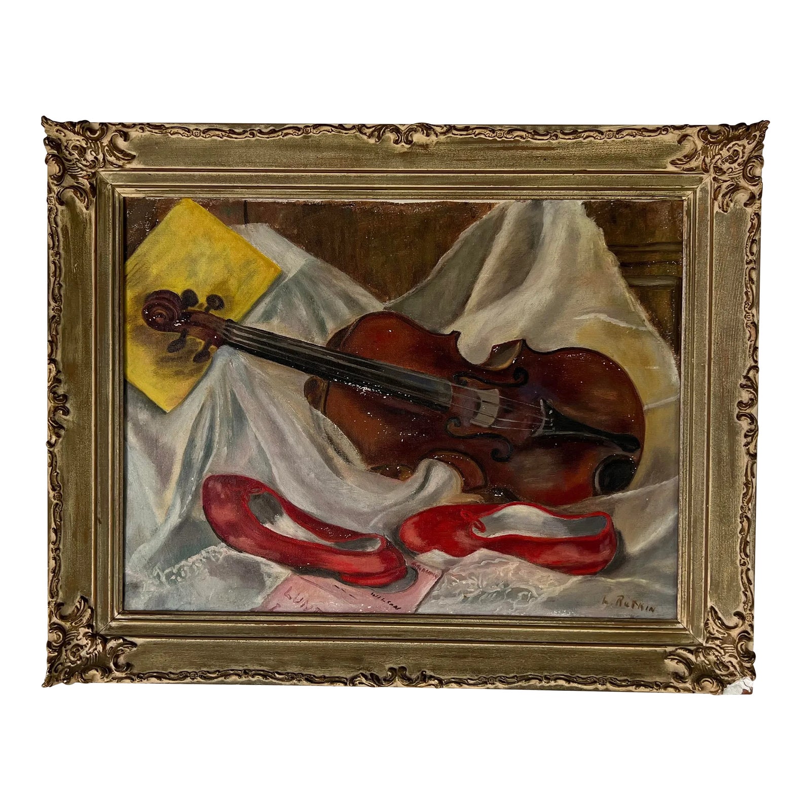 70's L. Rutkin Still Life With Violin Oil Painting, Frame | Chairish