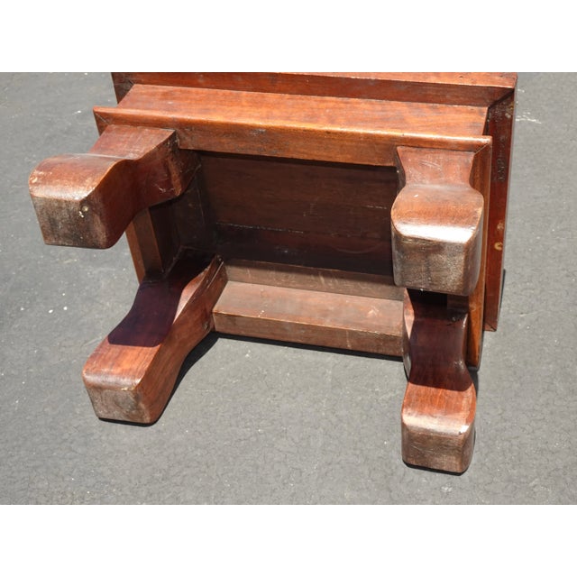 Vintage French Country Oak Checkered Brown Footstool For Sale - Image 12 of 12