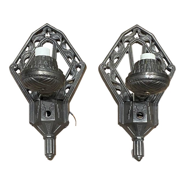 Pair of Antique Art Deco Cast Iron Wall Sconces Restored For Sale