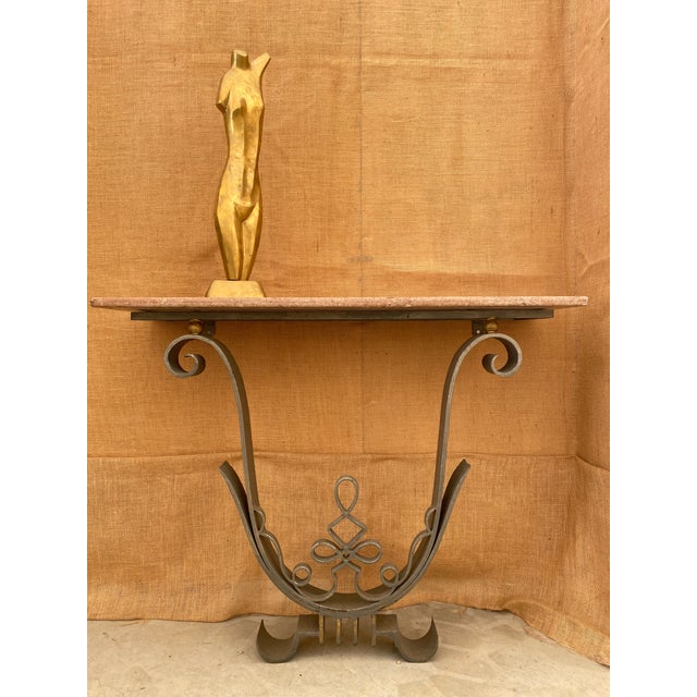 Poillerat-Style Wall-Mounted Scrolled Iron + Marble Console Table For Sale - Image 6 of 8