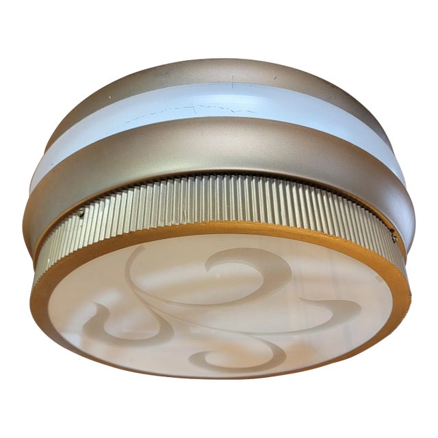 Art Deco Theater Flush Mount Light Fixture With Flashed Glass Shade For Sale