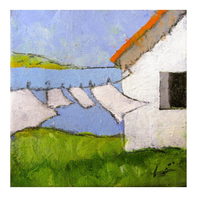 Miniature 4x4 North Coast Clothesline Lynne French Laundry Landscape O/C For Sale