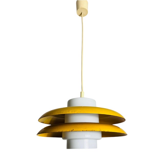 Space Age Yellow Metal and Opaline Glass Pendant Lamp, Germany, 1970s For Sale