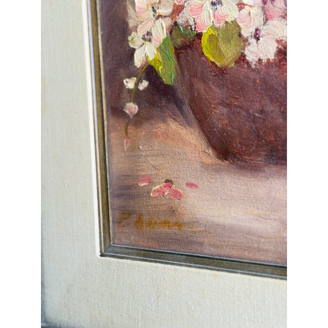 Wood Original Vintage Floral Oil Painting, Impasto Pink Blossoms Still Life, Gilt Frame, Mid Century Art For Sale - Image 7 of 11