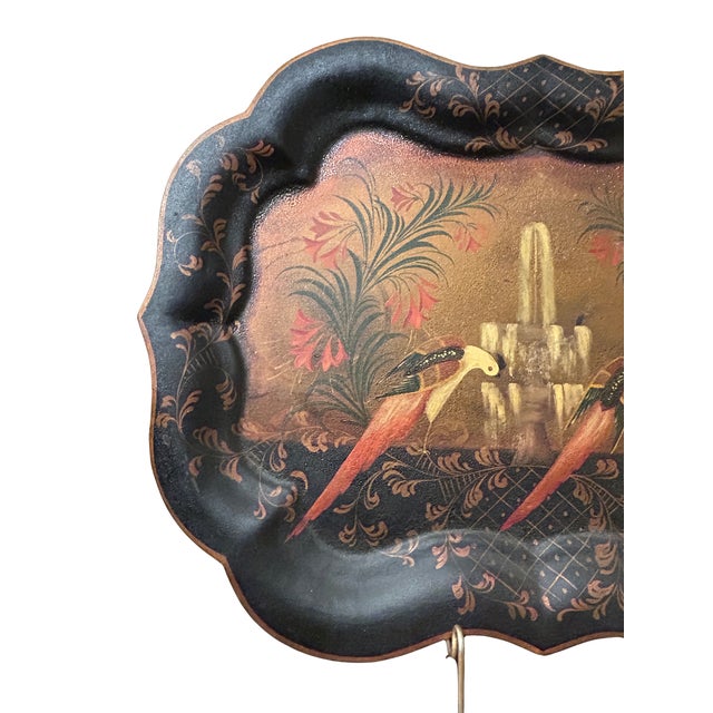 Decorative Japanned tinware tray with hand painted flowers & birds, fountain 1860 - 90. 21¼" x 15¾" x 1"