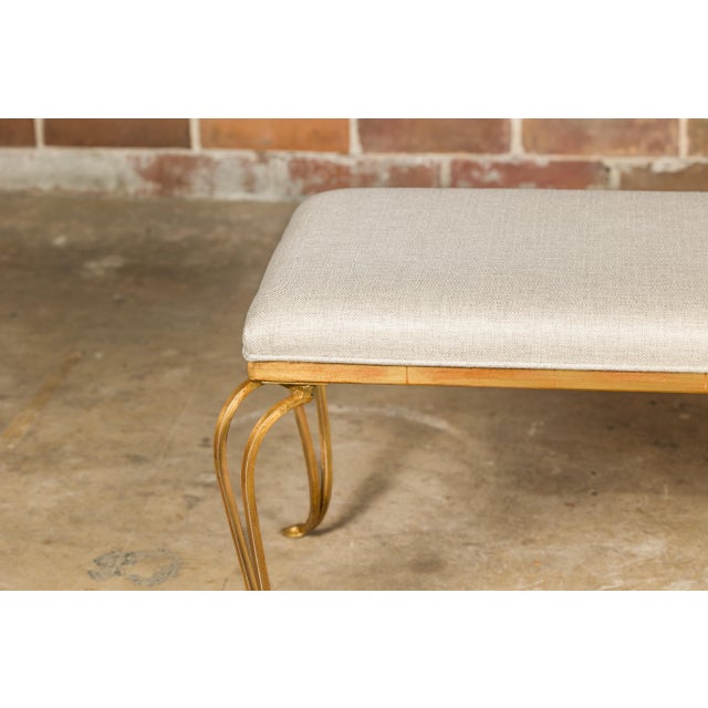Midcentury French Gilt Metal Benches with Cabriole Legs and Upholstery, a Pair For Sale - Image 4 of 12