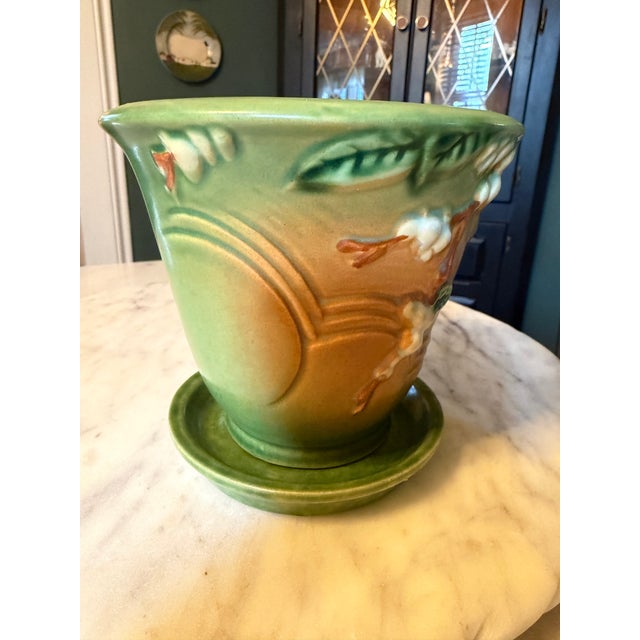 Mid-Century Modern Roseville Snowberry Green 1947 Vintage Art Pottery Flower Pot Planter 1ps-5 For Sale - Image 3 of 10