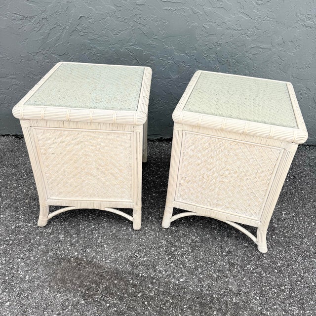 Boho Chic Wicker Glass Top Nightstands - A Pair For Sale In West Palm - Image 6 of 8