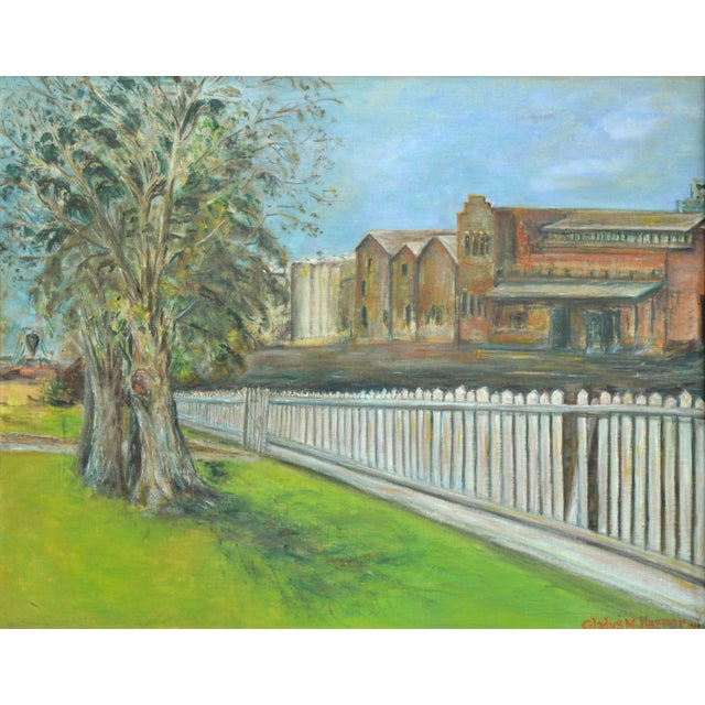 The Town Park - Mid Century 1930's Landscape Charming mid-century oil painting of a small town park by Fresno, California...