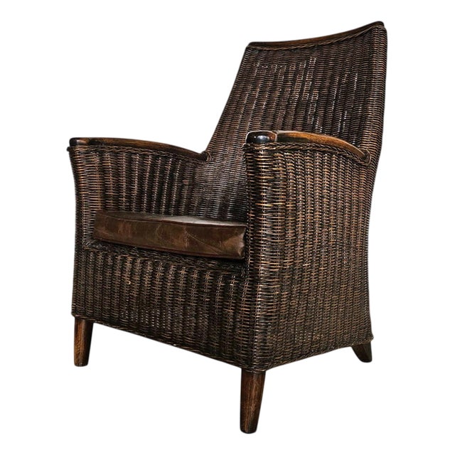 Rattan Armchair with Wooden Armrests and Leather Seat, 1960s For Sale