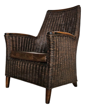Rattan Armchair with Wooden Armrests and Leather Seat, 1960s