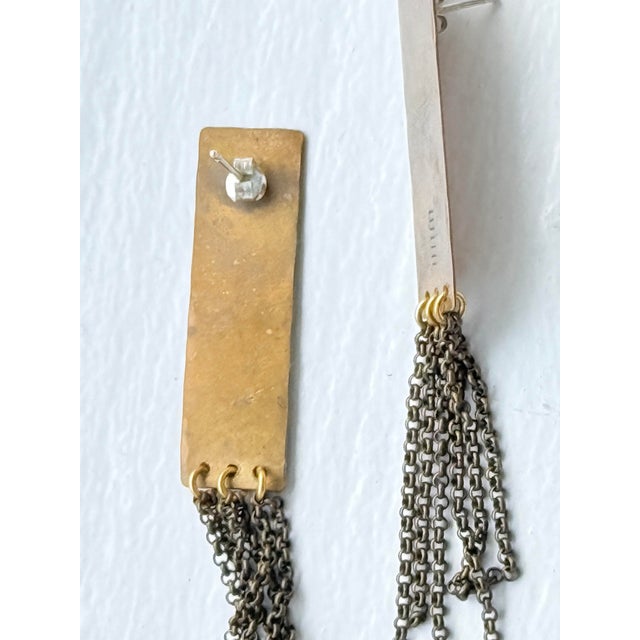 Metal Contemporary Brutalist Style Brass and Gunmetal Chain Fringe Dangle Earrings For Sale - Image 7 of 10