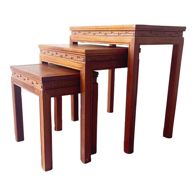Chinoiserie Hand Carved Asian Wood Nesting/Stacking Tables For Sale