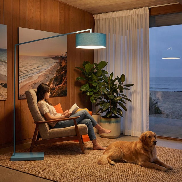 Contemporary Stretch 87"h 1-Light Arc Lamp, Turquoise Linen Shade & Body, Dimmable, for Living Room or Bedroom For Sale - Image 3 of 3