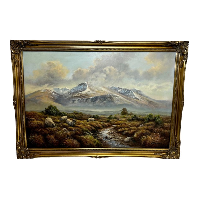 Oil Painting Scottish Highlands Sheep Grazing Ben Nevis Range by Wendy Reeves C1990's Framed For Sale