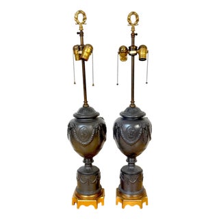 Mid 20th Century Warren Kessler Wedgwood Style Black Basalt Neoclassical Urn Lamps - a Pair For Sale