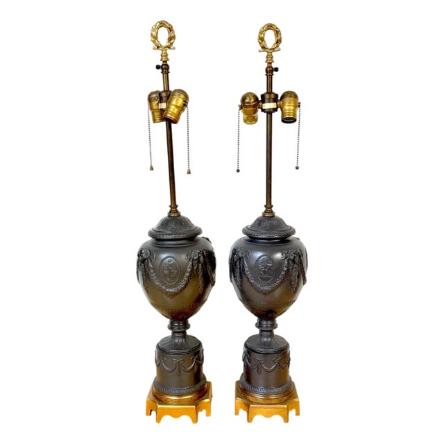 Mid 20th Century Warren Kessler Wedgwood Style Black Basalt Neoclassical Urn Lamps - a Pair For Sale
