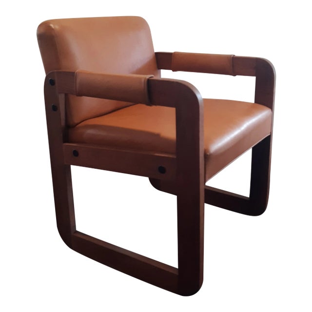 Vintage Solid Wood Library Armchair With Dark Honey Brown Vinyl For Sale