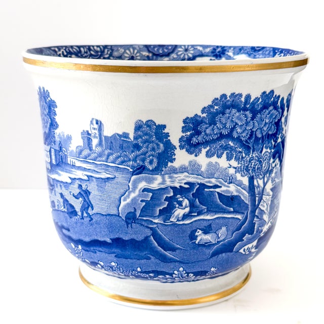 A classic English blue and white transferware cachepot in the iconic Italian pattern by Spode (Copeland Spode, England),...