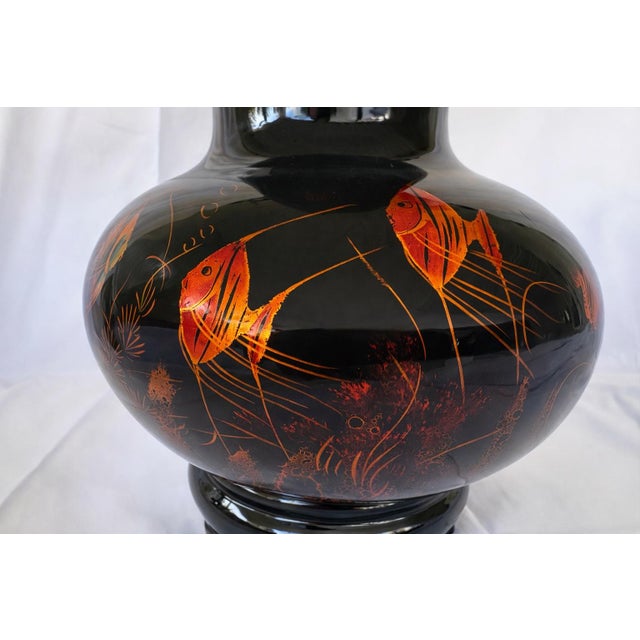 Mid-Century Japanese Black Lacquered Wood Vase With Angelfish Maki-E Decoration 16.5” For Sale In Orlando - Image 6 of 12