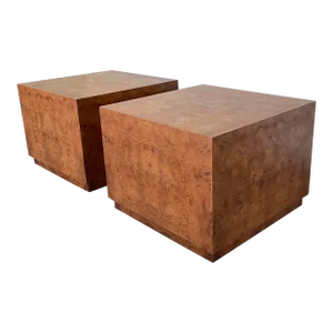 1970s Burl Wood Cube Side Tables, a Pair