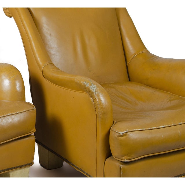 Amber Pair of 1940s Mid-Century Modern Leather Club Chairs With Parchment Paper-Covered Wood Legs, France For Sale - Image 8 of 9