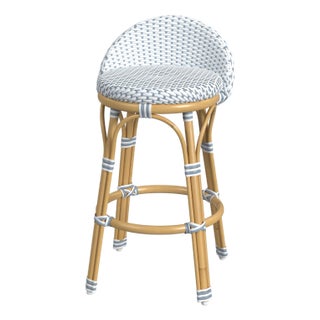 Tobias 24.5 in. Seat Height Outdoor Rattan and Metal Low Back Counter Stool, White/Sky Blue Dot / Natural Rattan Frame For Sale