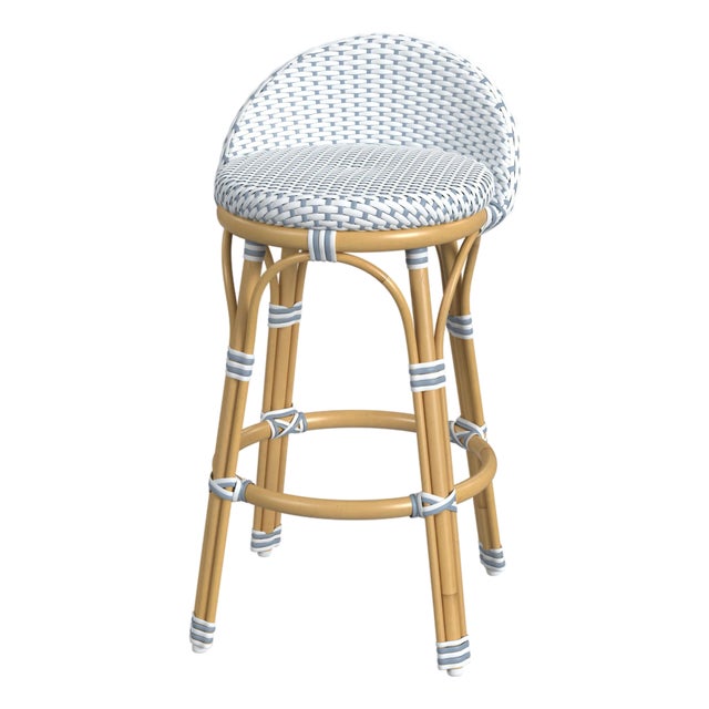 Tobias 24.5 in. Seat Height Outdoor Rattan and Metal Low Back Counter Stool, White/Sky Blue Dot / Natural Rattan Frame For Sale