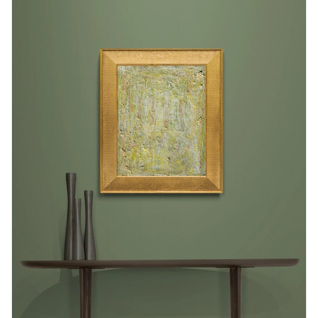 Heavily textured in rich oil pain, a contemplative colorfield painting in yellows with hints of red, gray, and white....