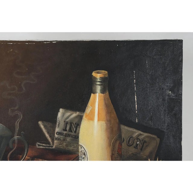 A still life featuring an assemblage of items, most likely items belonging to a man at the time: a pipe, a stein, a beer...