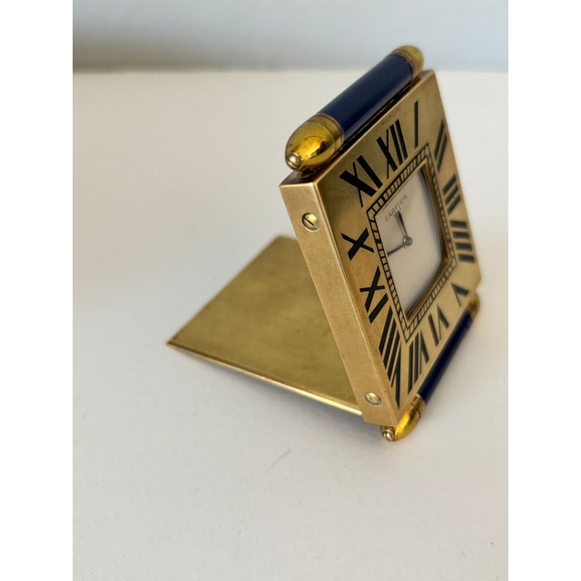 Vintage Cartier Folding Travel Desk Clock Paris Gilt-Brass and Blue Enamel 1990 For Sale - Image 11 of 18