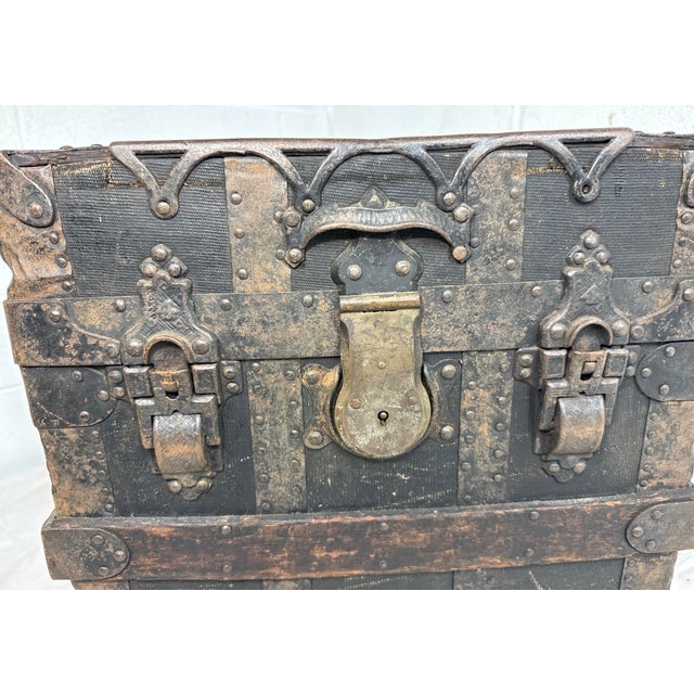 Wood Rare Antique Miniature 19th Century Handmade Wood Iron Taylor Steamer Trunk For Sale - Image 7 of 17