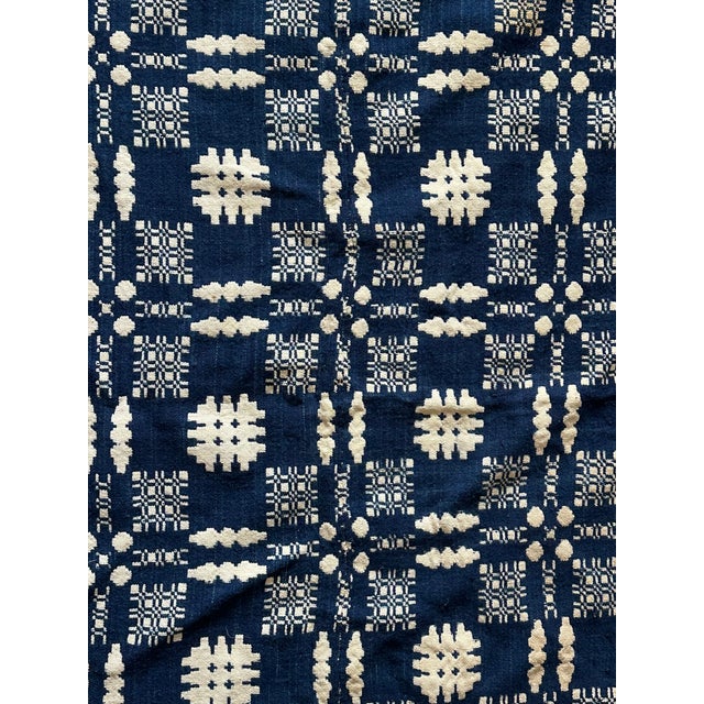 Mid 19th Century Antique 19th Century Hand Loom Woven Blue and White Coverlet For Sale - Image 5 of 16