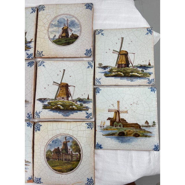 Rustic European Set of 14 Antique Delft Tiles Windmill Scenes For Sale - Image 3 of 8