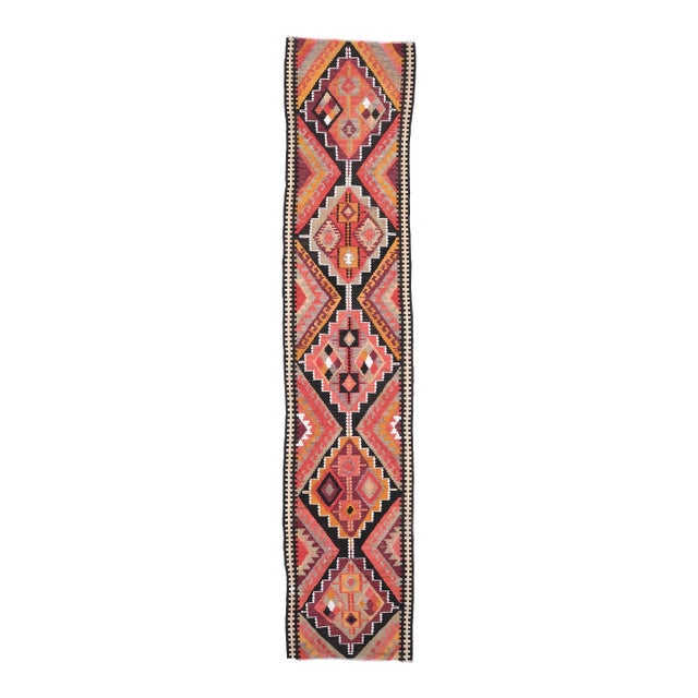 1970s Vintage Turkish Handmade Wool Cotton Orange Runner Rug For Sale