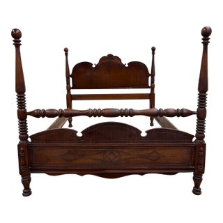 Vintage Full Size Art Deco Art Nouveau Style Walnut Low Poster Cannonball Bed For Sale