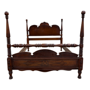 Vintage Full Size Art Deco Art Nouveau Style Walnut Low Poster Cannonball Bed