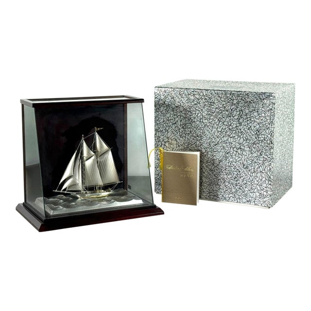 Rare Seki Takehiko Signed 985 Silver Yacht Model Original Box and Case Maritime Art For Sale